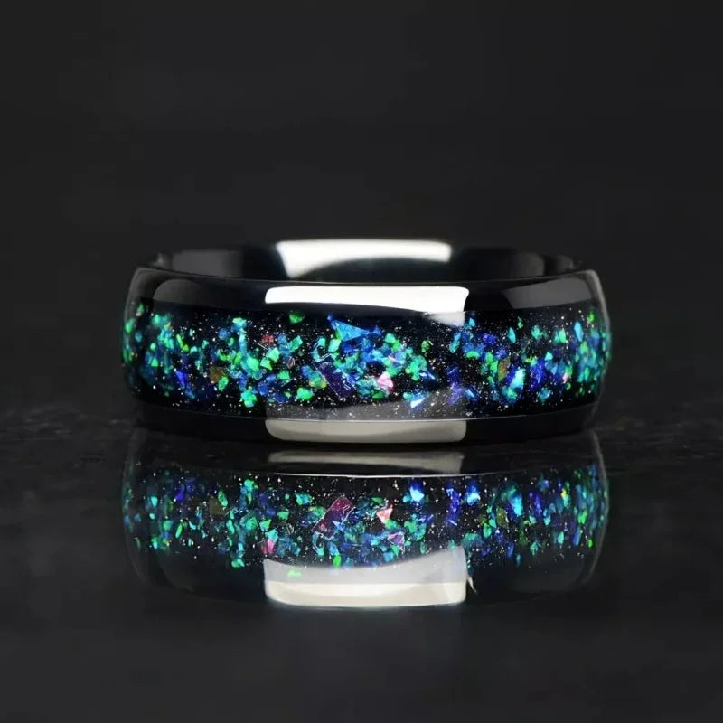 8Mm Fashionable Sparkling Galaxy Opal Ring, Suitable for Both Men and Women, Tungsten Alloy Dome Polishing Comfortable