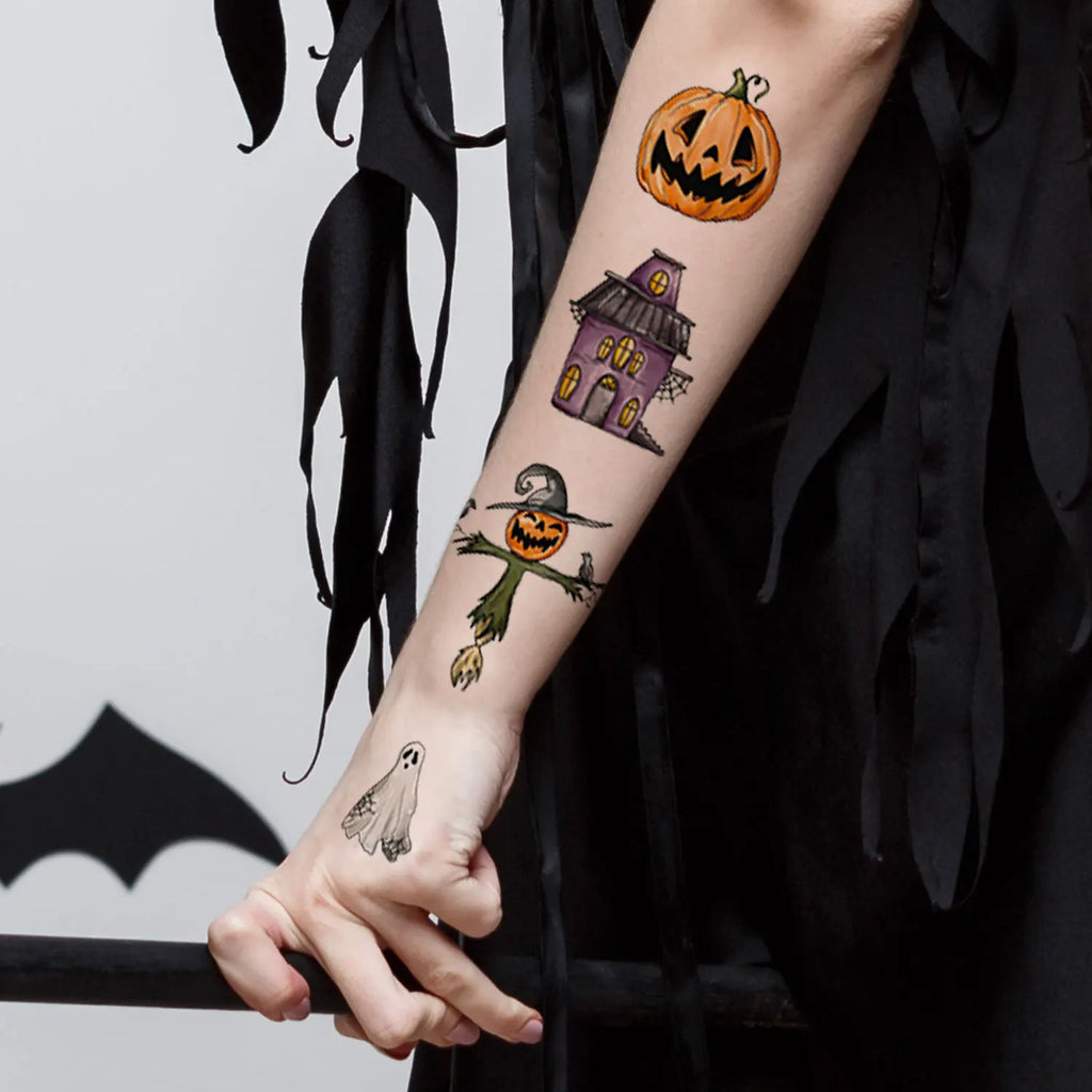 118-Piece Halloween Temporary Tattoo - 10 Sheets of Cartoon Spooky Fun - Waterproof Assorted Designs including Pumpkins, Ghosts