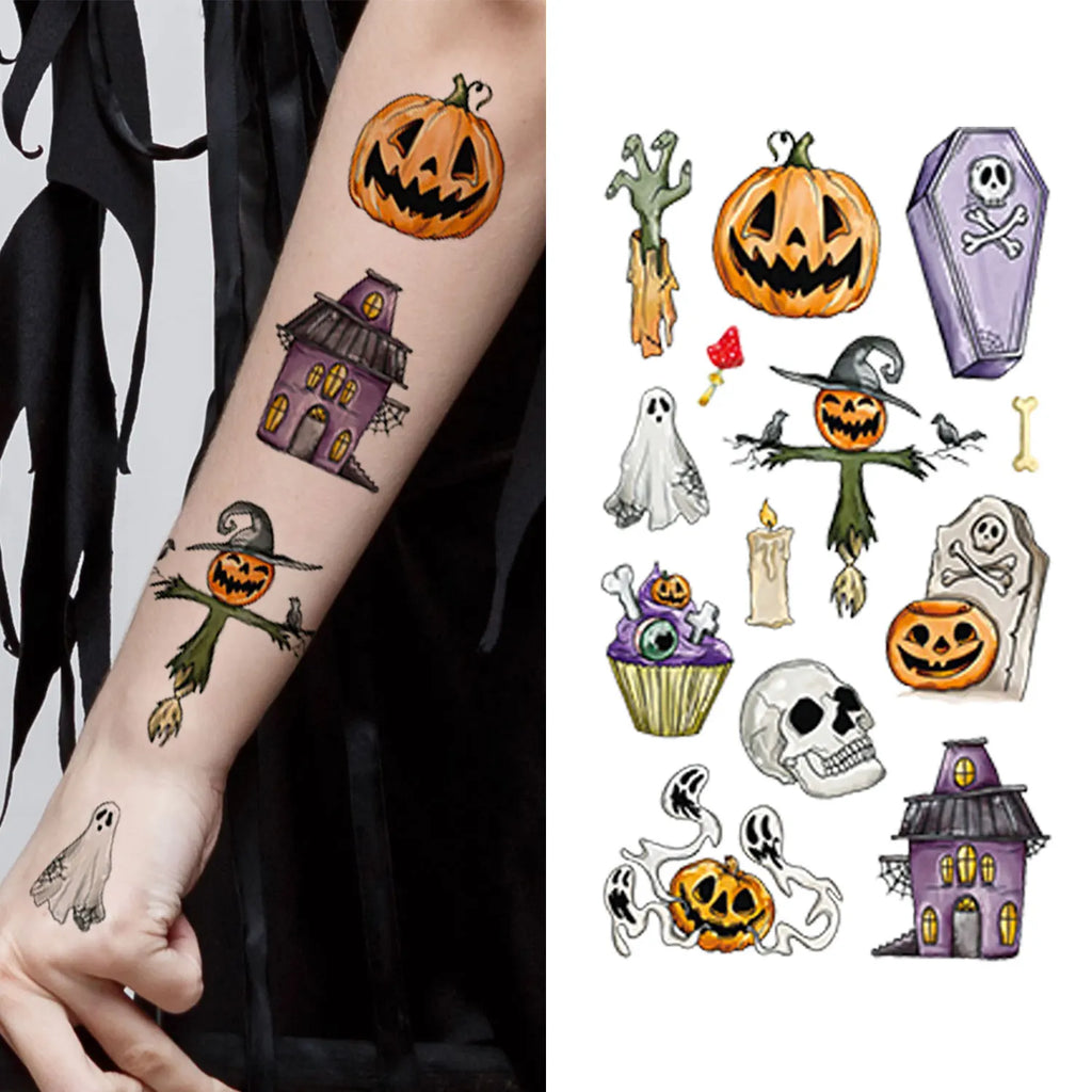 118-Piece Halloween Temporary Tattoo - 10 Sheets of Cartoon Spooky Fun - Waterproof Assorted Designs including Pumpkins, Ghosts