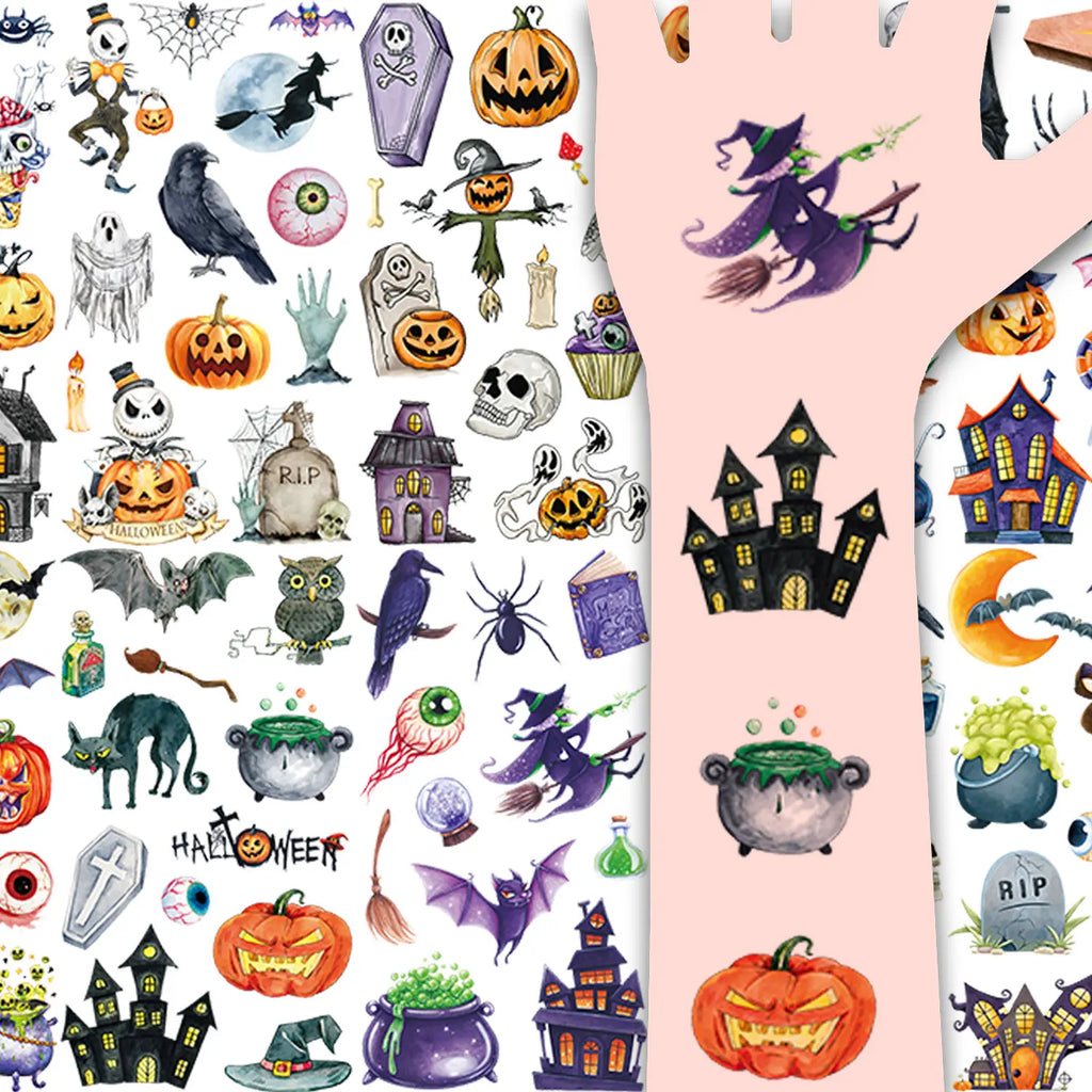 118-Piece Halloween Temporary Tattoo - 10 Sheets of Cartoon Spooky Fun - Waterproof Assorted Designs including Pumpkins, Ghosts