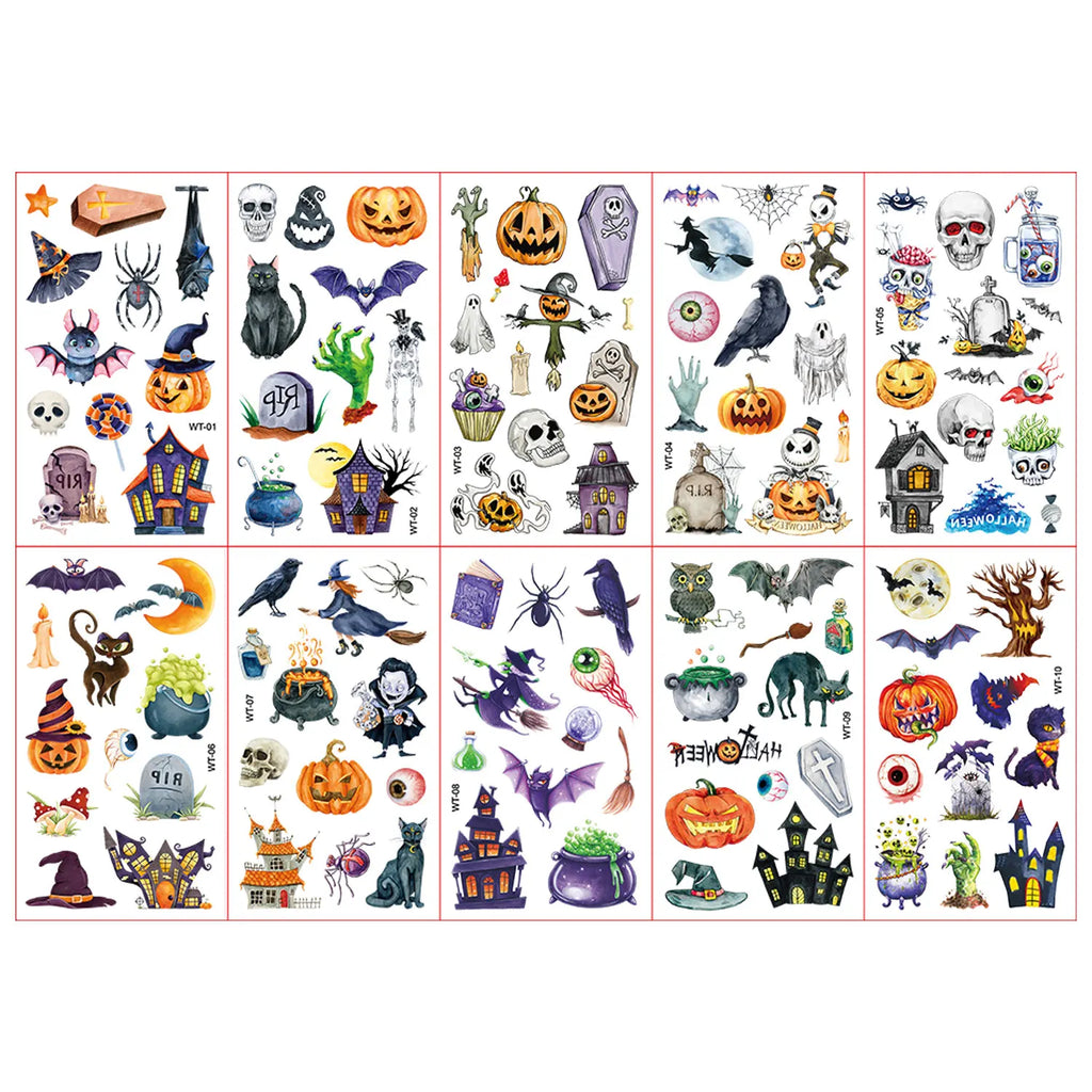 118-Piece Halloween Temporary Tattoo - 10 Sheets of Cartoon Spooky Fun - Waterproof Assorted Designs including Pumpkins, Ghosts