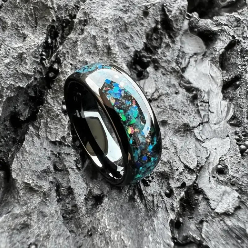 8Mm Fashionable Sparkling Galaxy Opal Ring, Suitable for Both Men and Women, Tungsten Alloy Dome Polishing Comfortable