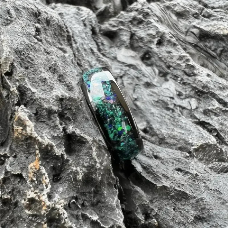 8Mm Fashionable Sparkling Galaxy Opal Ring, Suitable for Both Men and Women, Tungsten Alloy Dome Polishing Comfortable
