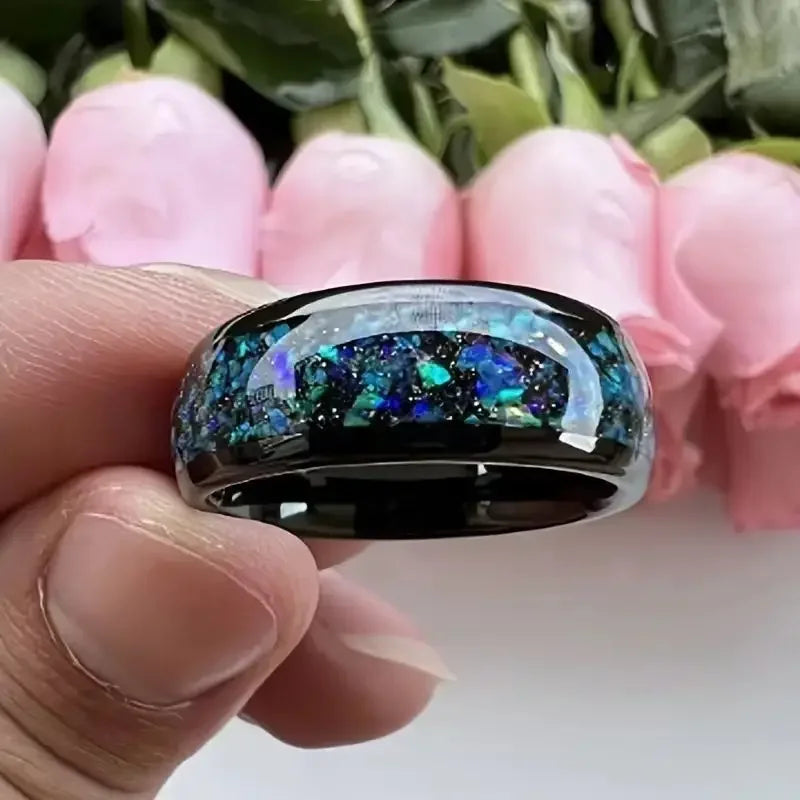 8Mm Fashionable Sparkling Galaxy Opal Ring, Suitable for Both Men and Women, Tungsten Alloy Dome Polishing Comfortable